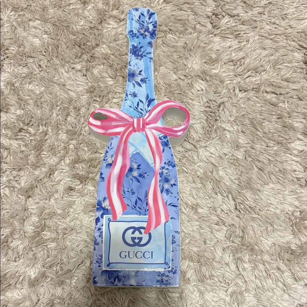 Lux Inspired Blue Floral Bottle with Pink Ribbon